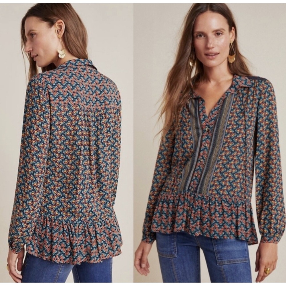 Maeve by Anthropologie Janie Flounced Peasant Button Front Blouse Size XS NWT